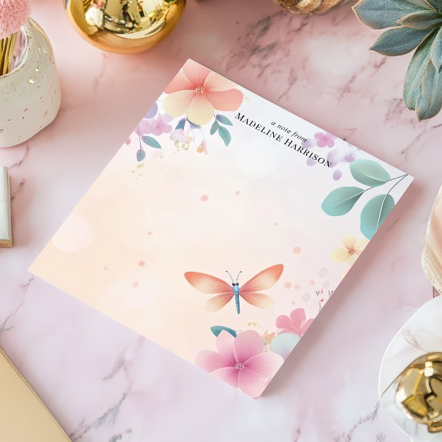 Bloc-note Jardin Floral de Libellule Pastel Nom Personnalisé (Créateur téléchargé)