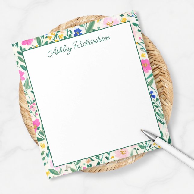 Bloc-note Jardin Floral Personnalisé (colorful fun floral garden notepad personalized with custom name monogram in calligraphy script)
