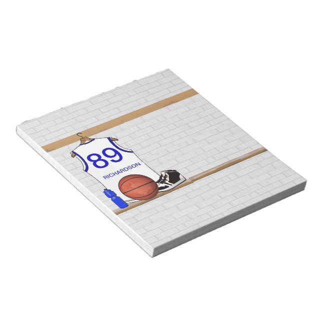 Bloc-note Jersey de basketball blanc et bleu personnalisé (Incliné)