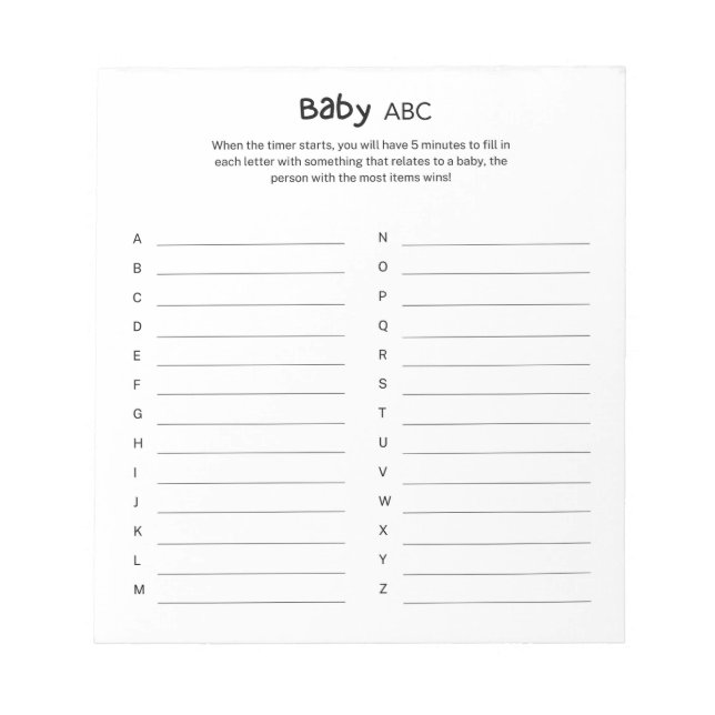 Bloc-note Jeu ABC de Baby Shower Universel et Neutre pour le (Devant)