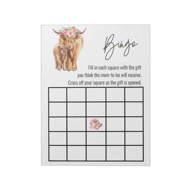 Bloc-note Jeu de Bingo Baby Shower Highland Cow (Tourné)