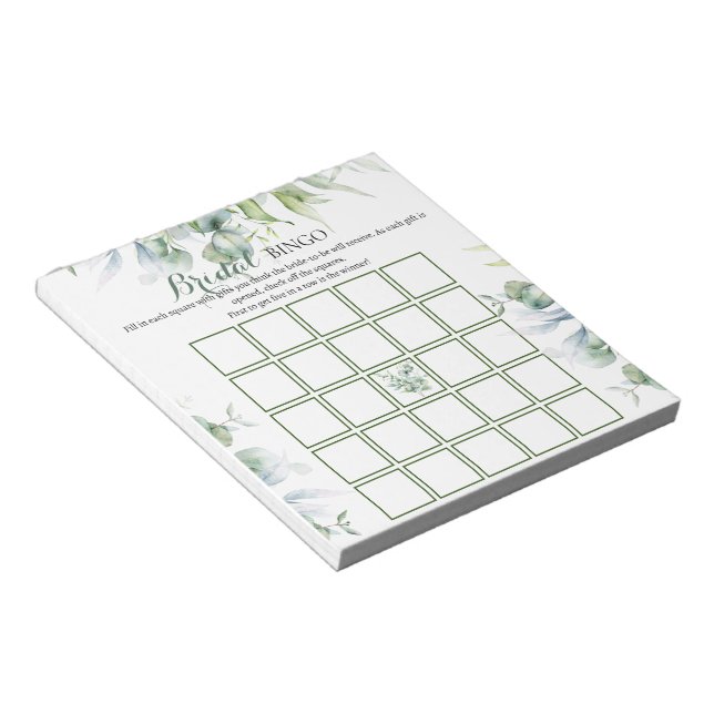 Bloc-note Jeu de bingo pour la douche de mariée à l'eucalypt (Incliné)