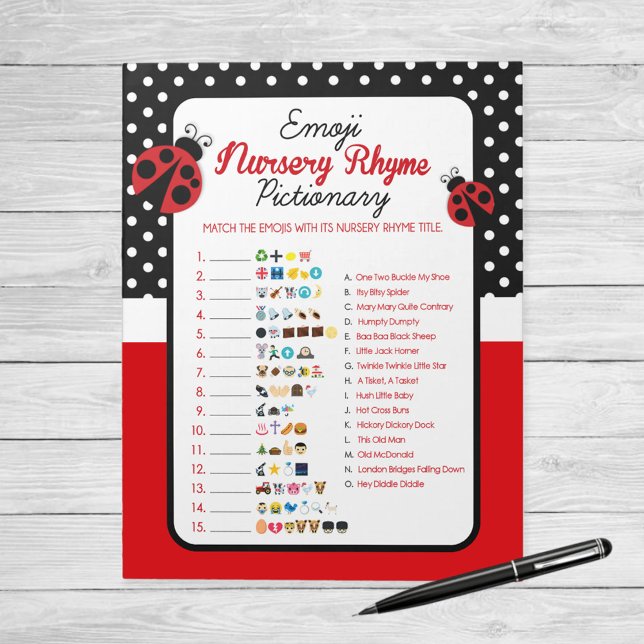 Bloc-note Jeu de fête prénatale Emoji Comptine Ladybug (Ladybug Emoji Nursery Rhyme Game Pack of 40 Baby Shower Games)