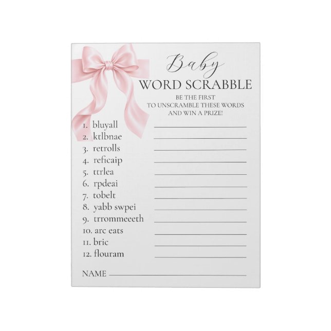 Bloc-note Jeu de Scrabble de mots pour Baby Shower Fille Arc (Tourné)