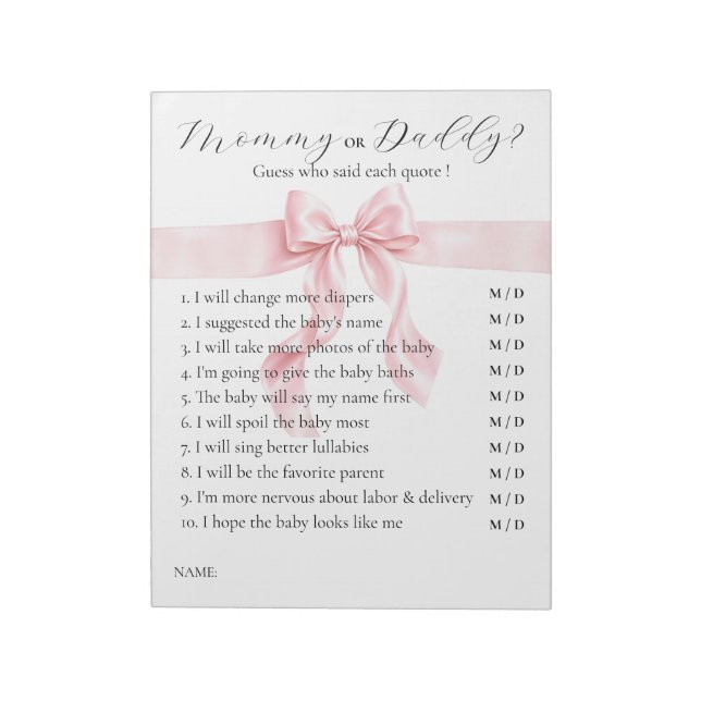 Bloc-note Jeu pour baby shower sur le thème de Ruban Rose: M (Tourné)