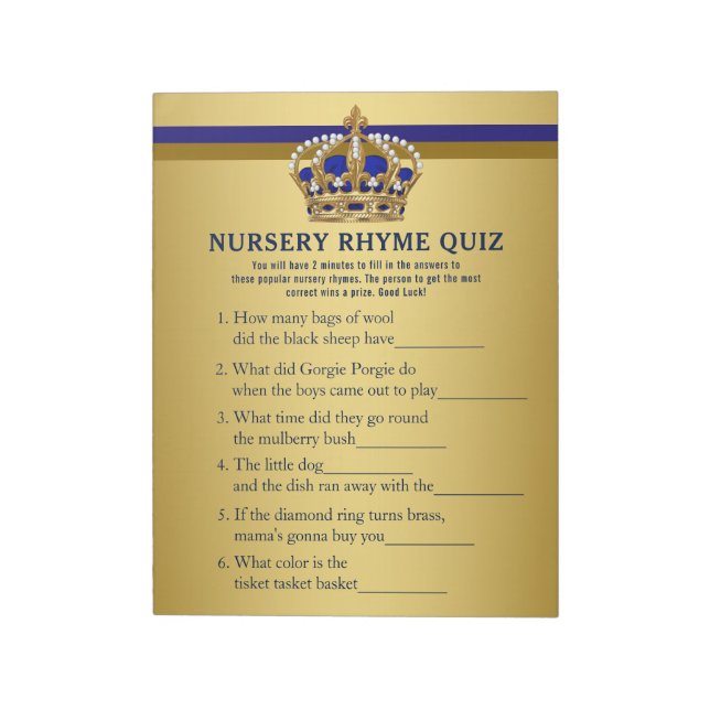 Bloc-note Jeux de Baby Shower Prince Quiz de Comptines de Nu (Tourné)