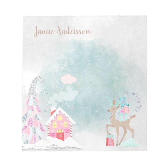 Bloc-note Joli cerf de Noël bleu rose neigeux Hiver (Devant)