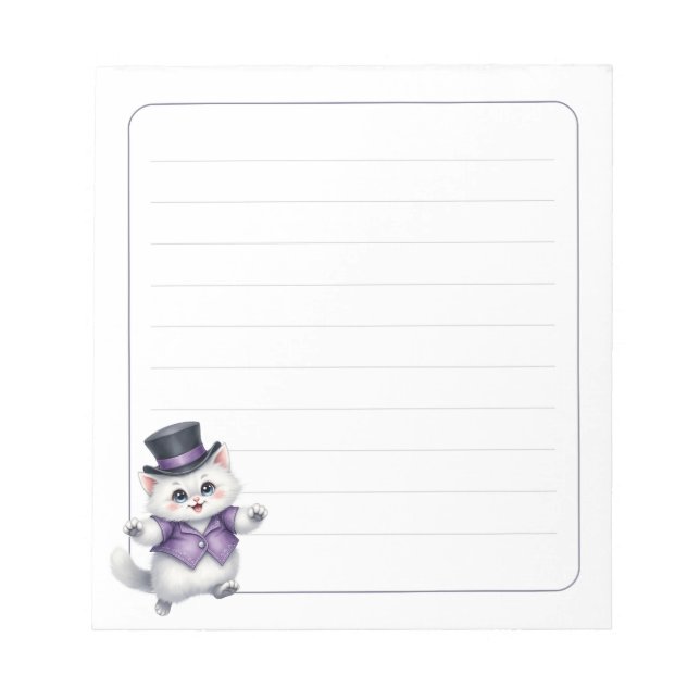 Bloc-note Joli Chat Blanc Chapeau Haut Fantaisiste Ligné (Devant)