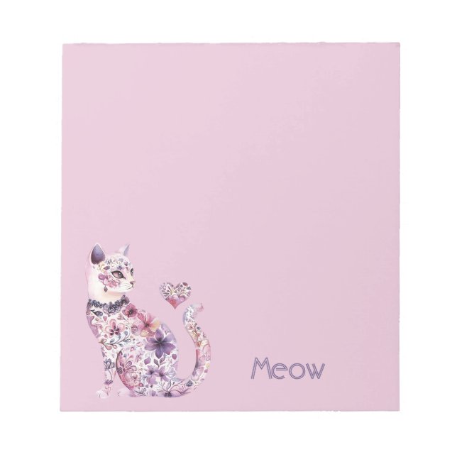 Bloc-note Joli Chat Floral Roses Cœurs Violets Roses (Devant)