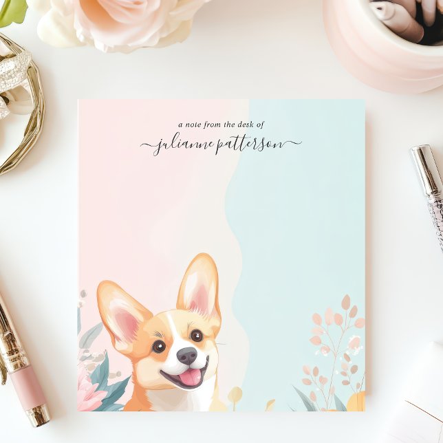 Bloc-note Joli Corgi Sourire Fleur Nom Personnalisé (Créateur téléchargé)