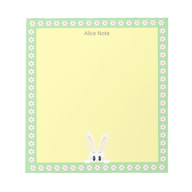 Bloc-note Joli lapin blanc et fleurs blanches sur simple jau (Devant)
