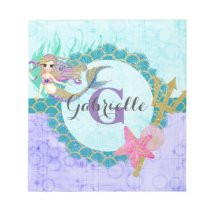 Bloc-note Joli monogramme de sirène sarcelle et violet aquar