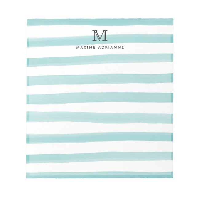 Bloc-note Joli Turquoise Vert Aquarelle Rayures Monogramme (Devant)