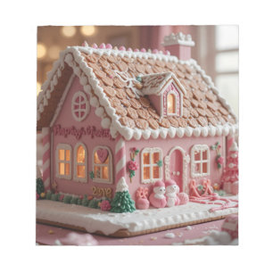 Bloc-note jolie maison en pain d'épice rose