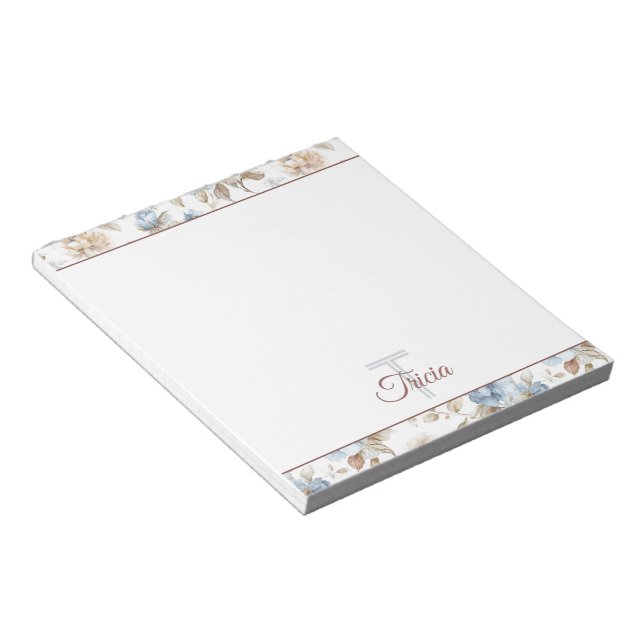 Bloc-note Jolies Fleurs Bleues Crème Beige Marron (Incliné)