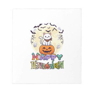 Bloc-note Joyeux Halloween Chat Blanc Citrouille Lune Chauve