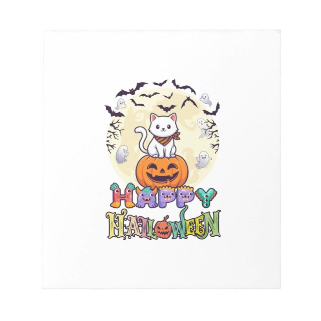 Bloc-note Joyeux Halloween Chat Blanc Citrouille Lune Chauve (Devant)