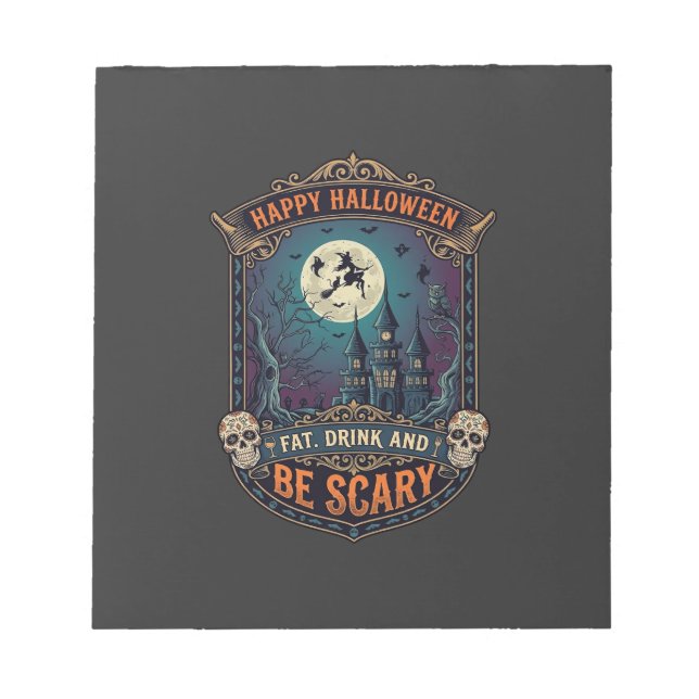 Bloc-note Joyeux Halloween Sorcière Château Crânes Gras Boir (Devant)