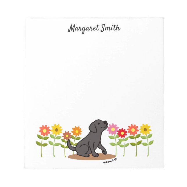 Bloc-note Labrador noir personnalisé et vert et fleurs (Devant)