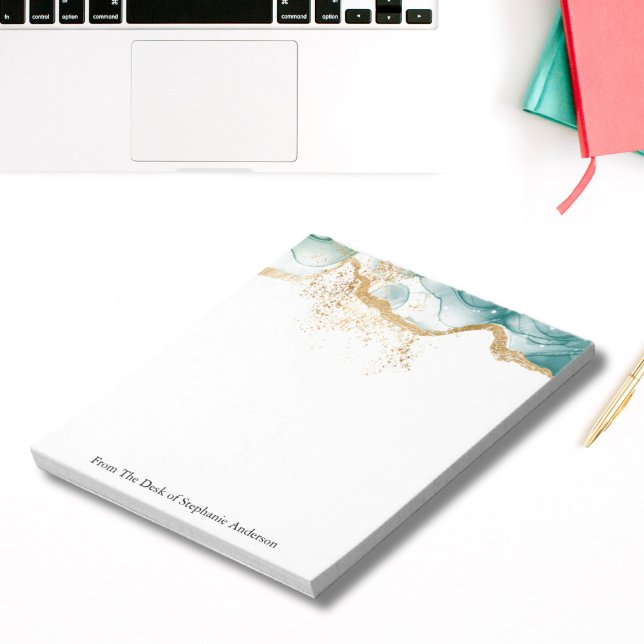 Bloc-note Lavage à l'encre alcoolique personnalisé vert or p (Green marble Watercolor Wash Alcohol Ink Gold Glitter Personalized Note pad. )