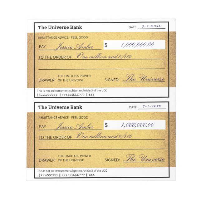 Bloc-note Law of Attraction Blank Money Check Gold 5.5" x 6" (Devant)