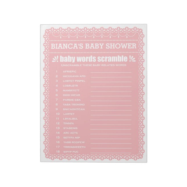 Bloc-note Le mot Scramble Pink Papel Picado Baby shower (Tourné)
