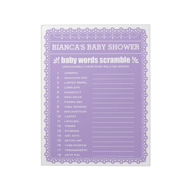 Bloc-note Le mot Scramble Purple Papel Picado Baby shower (Tourné)