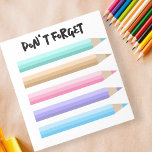Bloc-note Les crayons colorés pastel joués N'oubliez pas<br><div class="desc">Libérez votre créativité et ne manquez jamais une tâche avec ce bloc-notes ludique et personnalisable. Orné d'une rangée de crayons pastel dans des teintes apaisantes, ce bloc-notes vous invitation à noter des notes avec un soupçon de fantaisie. L’en-tête "N’OUBLIEZ PAS" dans un script décontracté ajoute un rappel convivial à votre...</div>