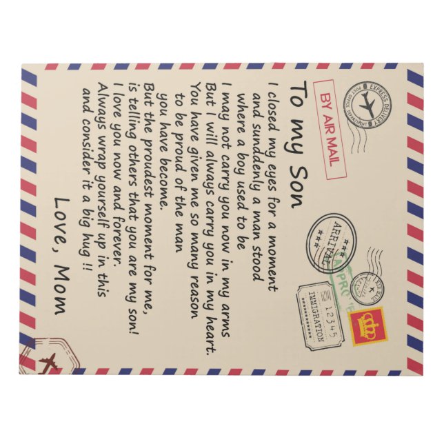 Bloc-note Lettre personnalisée à mon fils de maman, Air Mail (Devant)