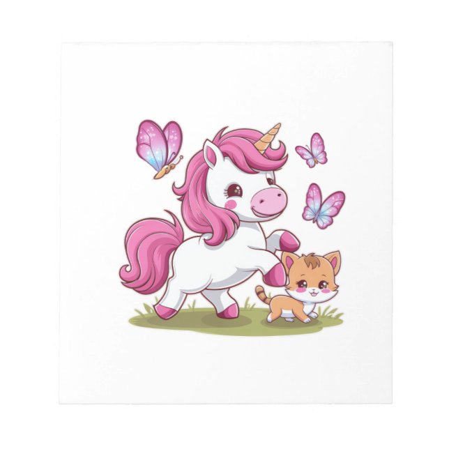 Bloc-note Licorne kawaii avec chat et papillons Manches Long (Devant)