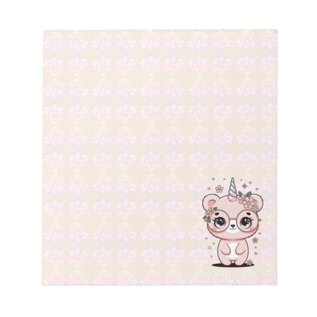 Bloc-note Licorne Ourson Visage Fleurs Lunettes Personnalisé (Devant)
