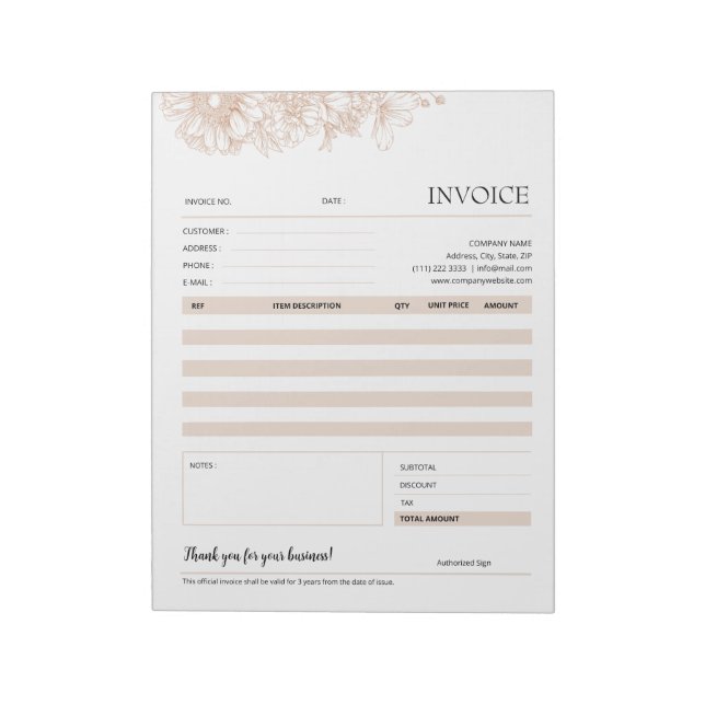 Bloc-note Ligne florale neutre Formes de facture d'affaires (Tourné)