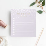 Bloc-note Lilac | Confetti Dots Personalized To-Do List<br><div class="desc">Chic personalized notepad features "to do list" at the top with your name beneath, in dark antique gold lettering on a pastel lavender purple background dotted with white confetti dots raining from the top. Keep track of all your important items with this lined to-do list note pad featuring 10 checkboxes....</div>