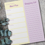 Bloc-note Liste d'achat de planificateur de repas simple per<br><div class="desc">Ce Bloc-notes personnalisé est simple mais joli en jaune pastel et lavande. Organisez votre planification de repas hebdomadaire et vos listes d'achats en un seul endroit; déchirez la feuille et emmenez-la au magasin - une planification facile et sans tracas. Ceci dit, le modèle est configuré pour que vous puissiez modifier...</div>