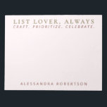 Bloc-note Liste de noms élégante Lover Pastel Rose Minimalis<br><div class="desc">Élégant design, élégant et minimaliste, look bloc-notes personnalisé pour le fabricant de listes sans excuses. Délicate élégante arrière - plan féminine rose pastel et classe typographie dorée et marron marron. Ajoutez votre nom et le texte personnalisé, par exemple la phrase amusante qui dit citer LIST LOVER, TOUJOURS qui résonne si...</div>