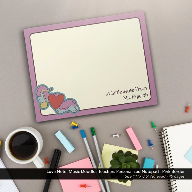 Bloc-note Love Note : Musique Doodles Enseignants Personnali (Love Note: Music Doodles Teachers Personalized Notepad - Pink Border)