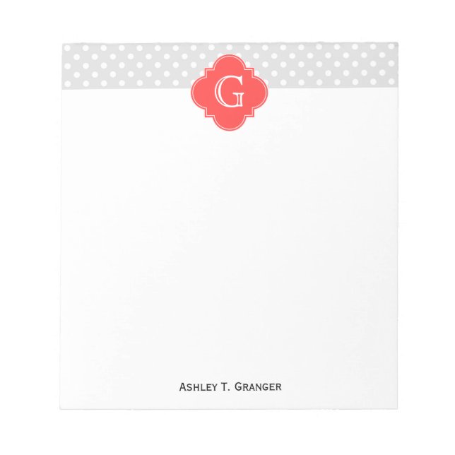 Bloc-note Lt Grey White Polka Dot Corail Quatrefoil Monogram (Devant)