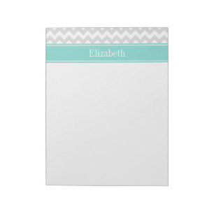 Bloc-note Lt Gris Chevron Blanc ZigZag Aqua Monogramme Nom