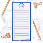 Bloc-note Magnétique Monogramme bleu moderne Nom à faire<br><div class="desc">Un autre bloc-notes utile de JessicaAmber ! Vous pouvez maintenant garder le suivi de toutes vos tâches importantes, en un seul endroit facile. Ce carnet blanc minimaliste comporte une bordure bleue et un texte dans un cercle qui indique votre nom sur un monogramme de lettre. Vous pouvez modifier le texte...</div>
