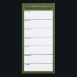 Bloc-note Magnétique Olive Green Minimalist Simple Family Repas Plannin<br><div class="desc">Écrivez vos dîners sur cette tablette magnétique pour une façon simple de planifier les repas de la semaine et collez-les sur votre réfrigérateur, porte de garde ou centre de commande. La disposition simple et moderne en terre vert olive, noir et blanc avec fontes sans serif séduira tous les planificateurs de...</div>