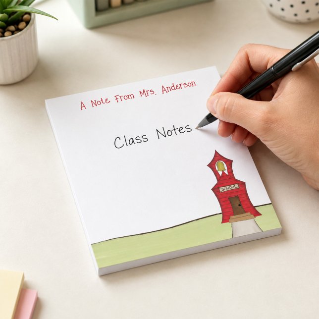 Bloc-note Maison d'école personnalisée pour enseignant Migno (Personalized teacher notepad featuring a charming red schoolhouse, perfect for class notes, reminder)