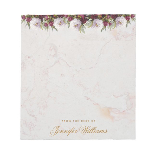 Bloc-note Marbre floral Bourgogne Peonies Golden Script Girl (Devant)