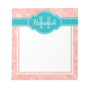 Bloc-note Marbre rose blanc motif monogramme sarcelle