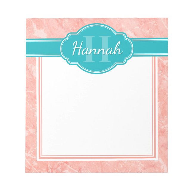 Bloc-note Marbre rose blanc motif monogramme sarcelle (Devant)