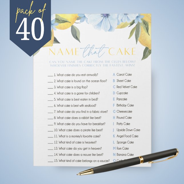 Bloc-note Mariage de citron Nom Le pack de jeu de douche de  (Main Squeeze Lemon and Blue Flower Name That Cake Bridal Shower Game Pack of 40 Games)