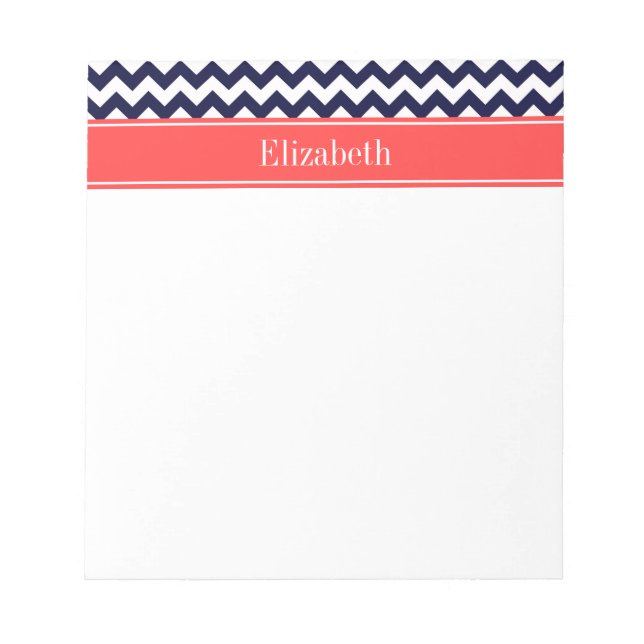 Bloc-note Marine Bleu Blanc Chevron Corail Nom rouge Monogra (Devant)