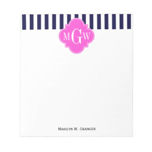 Bloc-note Marine White Stripe Hot Pink Quatrefoil 3 Monogram