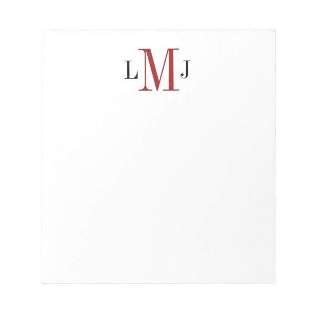 Bloc-note Masculine simple Monogramme initial Noir et Rouge (Devant)