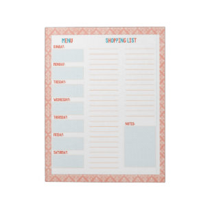 Bloc-note Menu hebdomadaire Turquoise & Corail / Liste de co