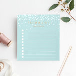 Bloc-note Mer | Liste de tâches personnalisées par points Co<br><div class="desc">Le bloc-notes personnalisé chic comporte en haut une liste de choses à faire avec votre nom en-dessous, en lettres d'or antique foncé sur un arrière - plan pastel vert de mer parsemé de points de confettis blancs qui pleuvent du haut. Gardez le suivi de tous vos éléments importants avec ce...</div>